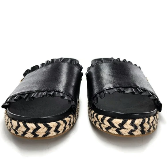 Kate Spade Zahara Black Ruffled Leather Open-Toe Slide-On Flat Espadille Sandals - Picture 4 of 10